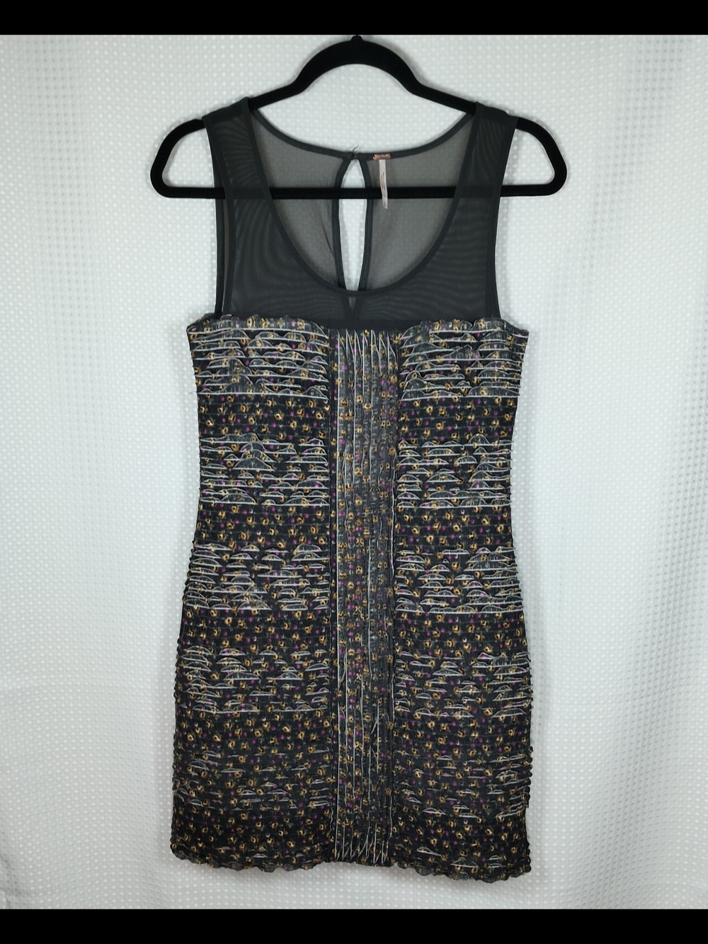 Free People Women's Gray Floral Mesh Ruffle Shimmy Bodycon Mini Dress. Size SP